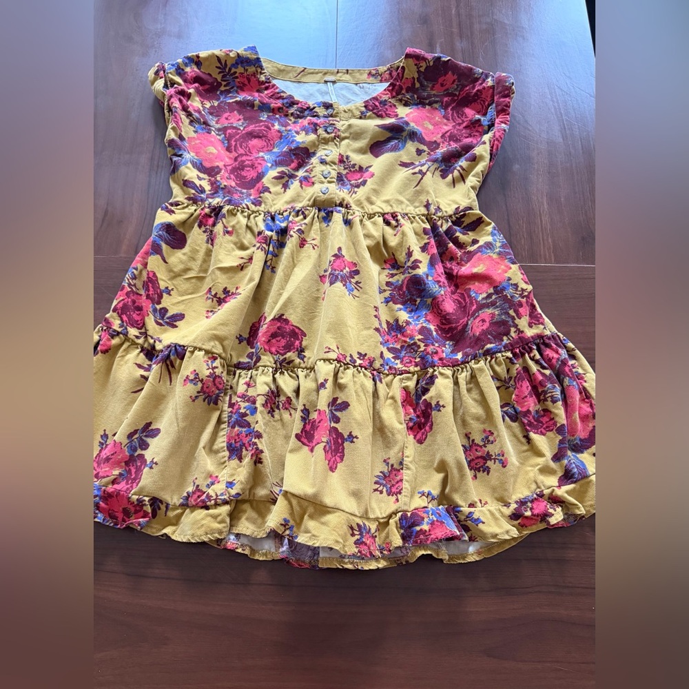 FREE PEOPLE | XS | Harper corduroy floral tiered mini dress top mustard Prairie - Picture 3 of 8